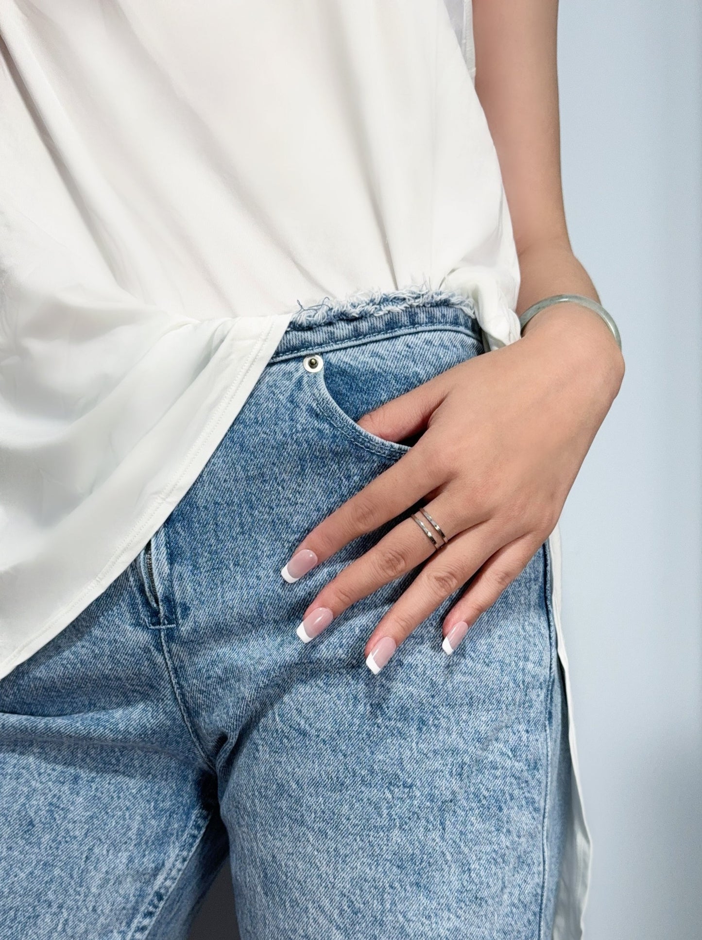 Simple French Style press-on nail, match with white shift and jeans
