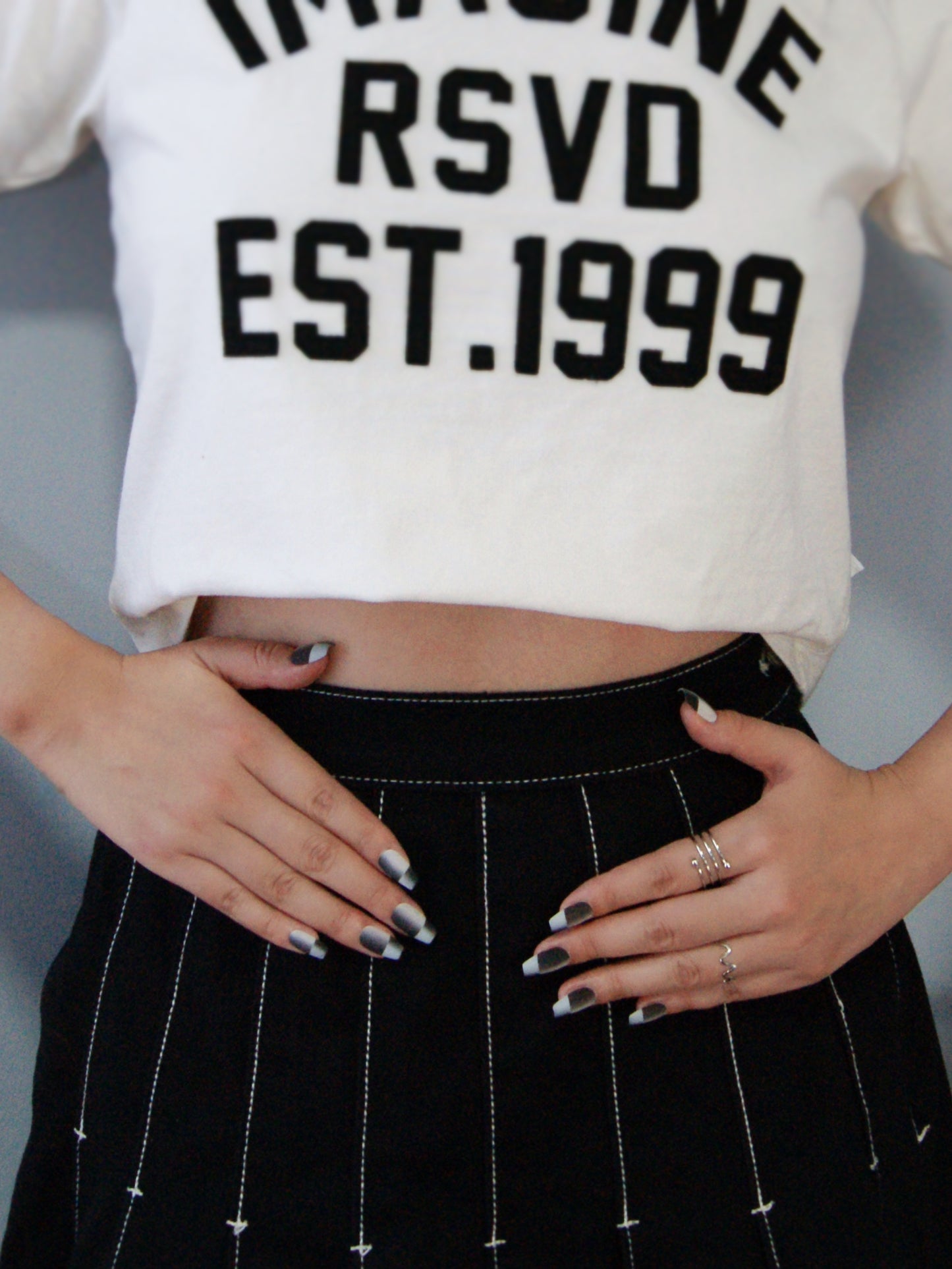 Piano French Space press-on nail match with black denim dress and white tshirt